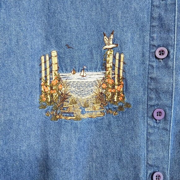 Penningtons Denim Top Womens Plus Size 1X Embroidered Button Up Lighthouse - Picture 2 of 5